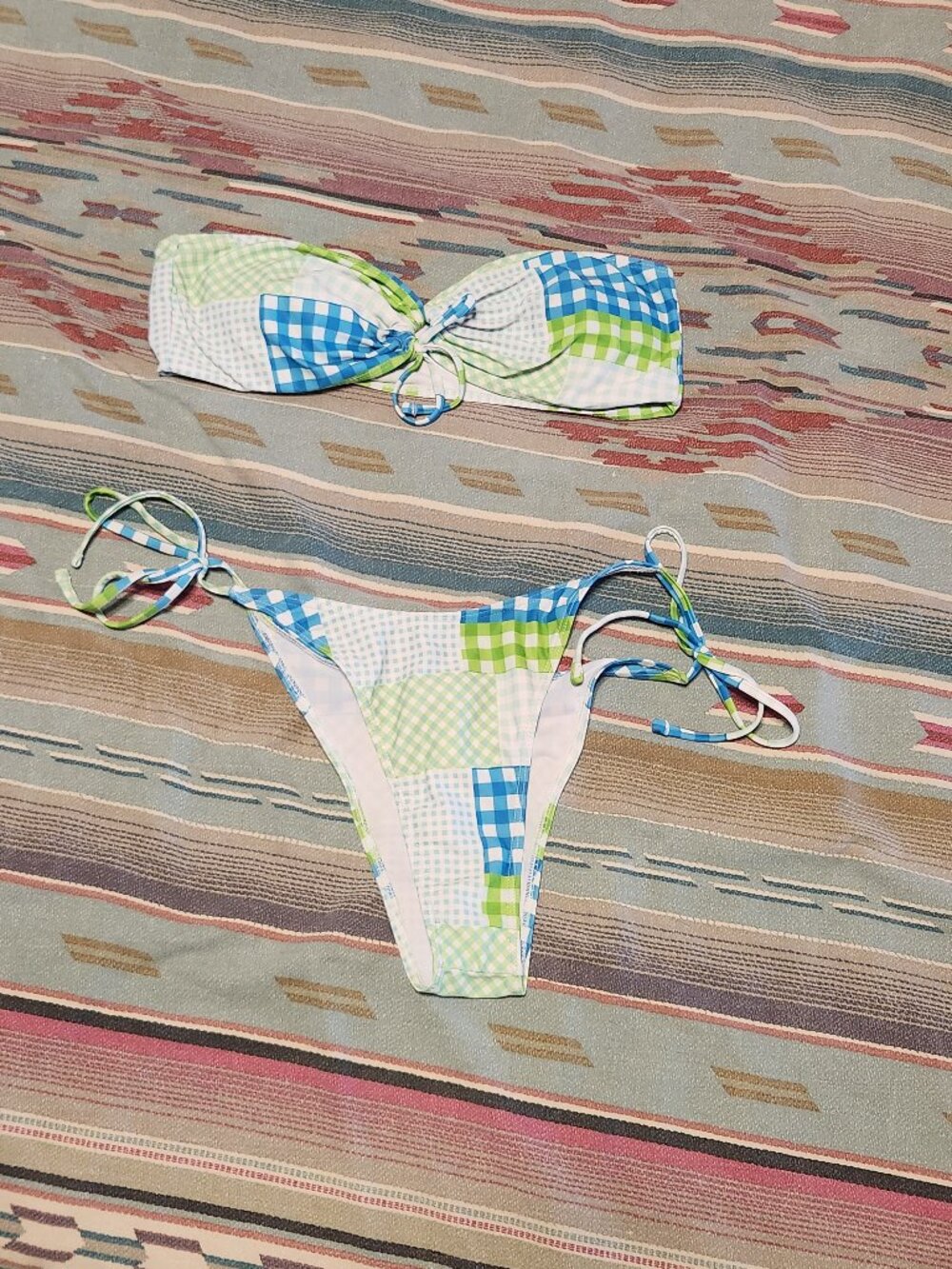 Blue & Green Plaid Strapless Bikini Set- Size XL